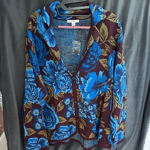 Isaac Mizrahi Blue and Brown Floral Button Down Sweater